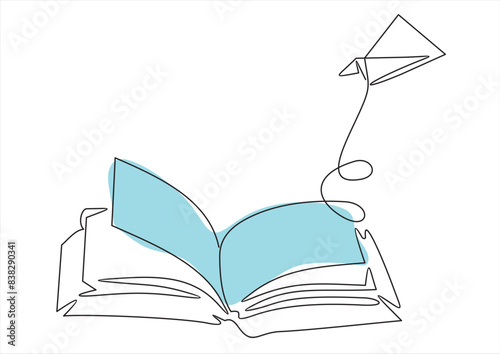 Opened book and flying paper plane continuous one line drawing. Hand drawn line art vector illustration, Creative strategy and education innovation, Minimalist simple contour design.