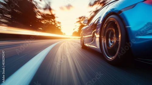 Blue Sports Car Speeds Down Highway at Sunset