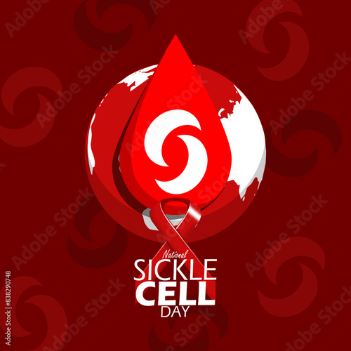 World Sickle Cell Day event banner. A drop of blood with sickle cell, red ribbon and earth on dark red background to commemorate on June 19th