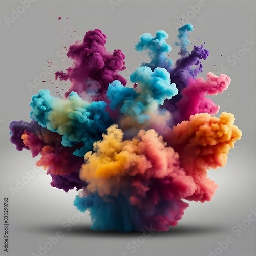 Colourful powder Holi paints, colorful clouds or explosions, ink splashes, decorative vibrant dye for festival. Illustration of a realistic 3D illustration of a traditional Indian holiday.