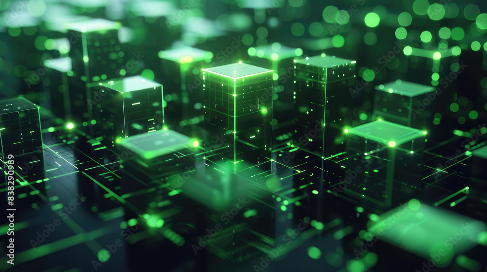 Fototapeta premium Green digital cubes with glowing edges on a dark background, highlighting an abstract technology concept and futuristic tech innovation.
