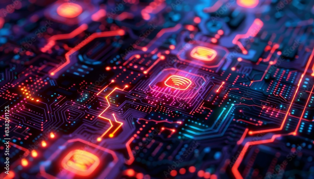 An illustration of a computer chip with a glowing red and blue circuit board. The chip is in the center of the image and is surrounded by intricate circuitry. An illustration of a computer chip with a glowing red and blue circuit board. The chip is in the center of the image and is surrounded by intricate circuitry.