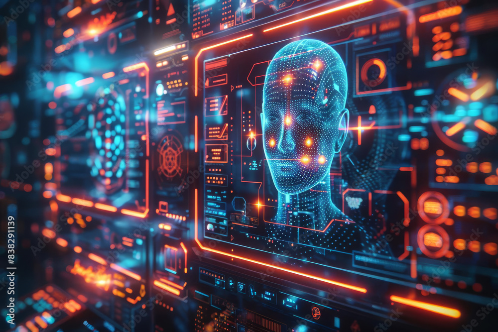 Futuristic AI. A digital illustration of a female face rendered in glowing blue light, surrounded by a complex array of orange and blue circuit boards and readouts.