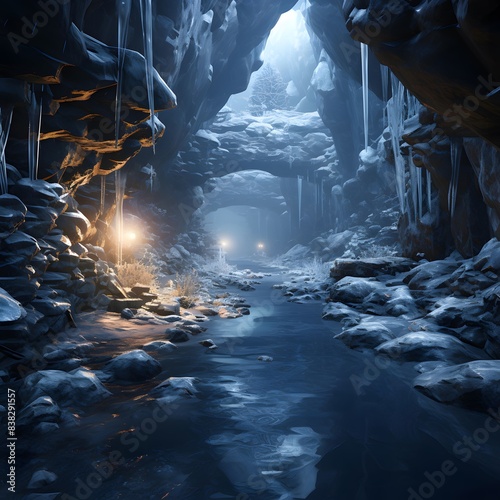 Fantasy underground cave with bright light. 3D Rendering.