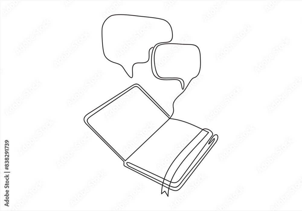 Continuous one line drawing of open book and speech bubble. Trendy line art vector on a white background. Vector illustration. Continuous one line drawing of open book and speech bubble. Trendy line art vector on a white background. Vector illustration.