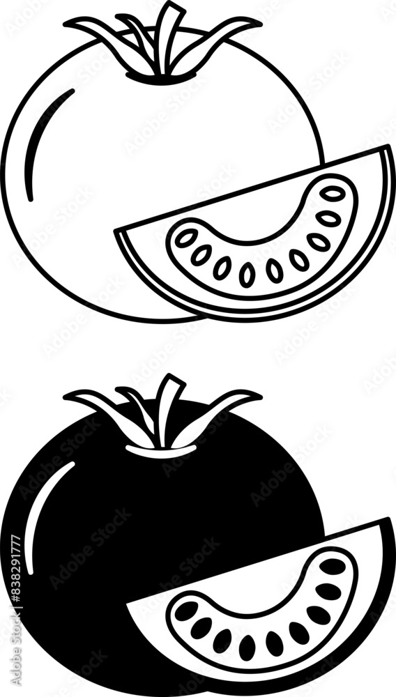 Tomato icons. Black and White Vector Icons of Whole Tomato and Slice. Vegetarian food, Healthy Eating. Vegetables Concept Tomato icons. Black and White Vector Icons of Whole Tomato and Slice. Vegetarian food, Healthy Eating. Vegetables Concept