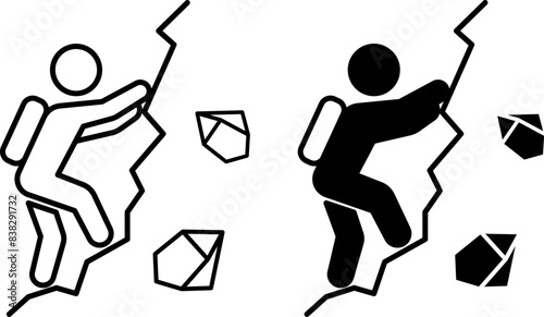 Adventure icons. Black and White Vector Icons. A man with a backpack climbs a mountain. Camping, Rock Climbing, Hiking. Lifestyle and Travel Concept