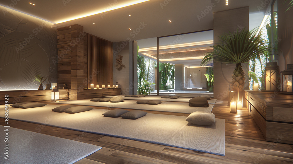 Zen Serenity. A Modern Meditation Space. an indoor meditation room designed with a minimalist aesthetic. It features wooden flooring, floor cushions, and ambient lighting, creating a tranquil and sere Zen Serenity. A Modern Meditation Space. an indoor meditation room designed with a minimalist aesthetic. It features wooden flooring, floor cushions, and ambient lighting, creating a tranquil and sere