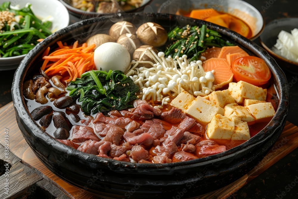 Sukiyaki - Hot pot with thinly sliced beef, vegetables, tofu, and noodles in a sweet soy sauce broth. Sukiyaki - Hot pot with thinly sliced beef, vegetables, tofu, and noodles in a sweet soy sauce broth.