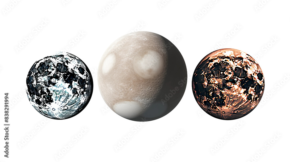 front view of moon, earth and mars placed horizontally with space in between on an isolated white background front view of moon, earth and mars placed horizontally with space in between on an isolated white background
