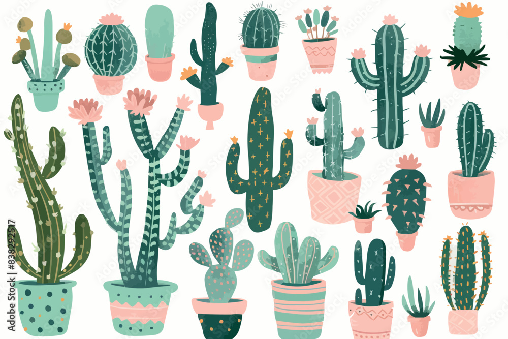 Vector illustration set of funny cactus characters in cartoon style isolated on white background Vector illustration set of funny cactus characters in cartoon style isolated on white background