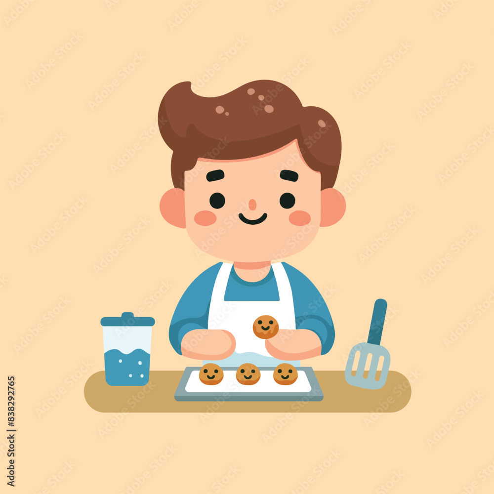 Boy baking cookies in the kitchen flat style vector illustration Boy baking cookies in the kitchen flat style vector illustration