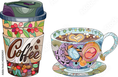 Cup of coffee beverage with abstract ornaments