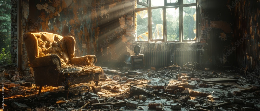 Destroyed room with broken furniture, shattered glass, and dirt everywhere. Destroyed room with broken furniture, shattered glass, and dirt everywhere.