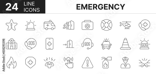 Collection of 24 Emergency line icons featuring editable strokes. These outline icons depict various modes of Emergency, ambulance, police, lifebuoy, vector, set, crisis, urgency, caution,