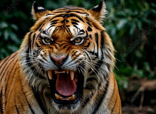 A picture of the face of a big tiger in a forest with anger © Roshan