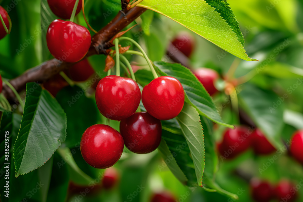 Ripe Red Cherries Cluster on Tree Branch Ripe Red Cherries Cluster on Tree Branch