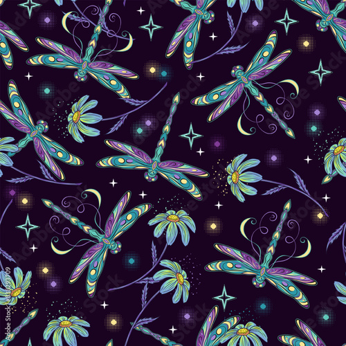 Mysterious seamless pattern with fantasy colored dragonflies, scattered chamomiles with stem, stars, sparkles. Black background. Mystical magic, sorcery concept. Art nouveau style.