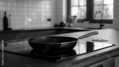 frying pan on a minimalist stove in the kitchen, clean and modern stove details, kitchen with a minimalist and elegant feel, Ai generated images