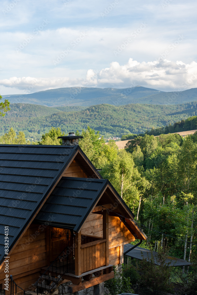 Stylish wooden cabin in the mountains. Vacation cabin. Look at the mountains and relax, quiet moment, summer vacation concept, place for text. Vertical photo. 