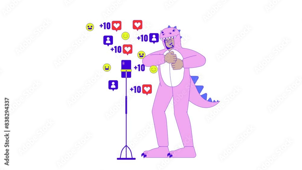 Kigurumi dinosaur man in front of phone camera line 2D character animation. Trending dance flat color cartoon 4K video, alpha channel. Glasses middle eastern guy animated person on white background Kigurumi dinosaur man in front of phone camera line 2D character animation. Trending dance flat color cartoon 4K video, alpha channel. Glasses middle eastern guy animated person on white background