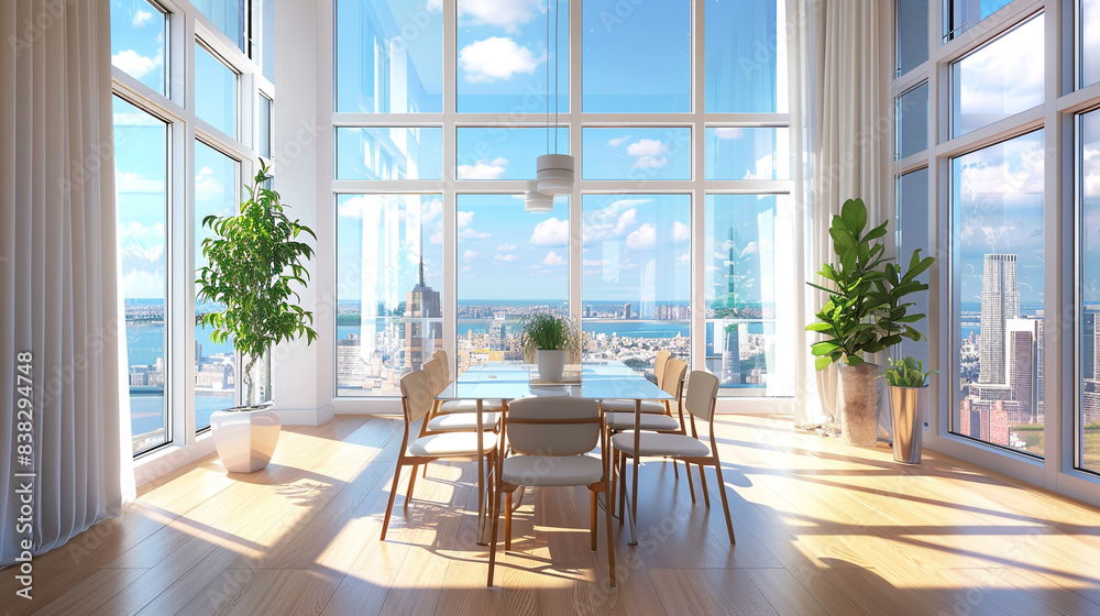 Bright dining room with big windows and a stunning view Bright dining room with big windows and a stunning view