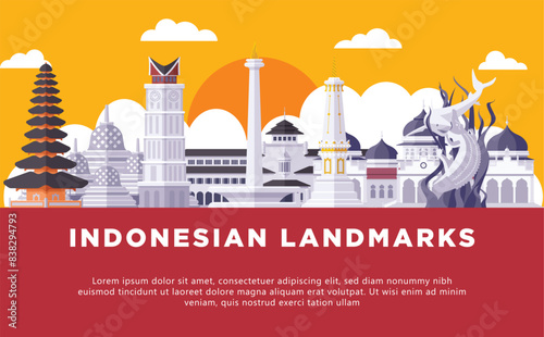 Famous and Iconic Indonesia Building Landmarks Flat Vector Illustration for Tourism and Government Background