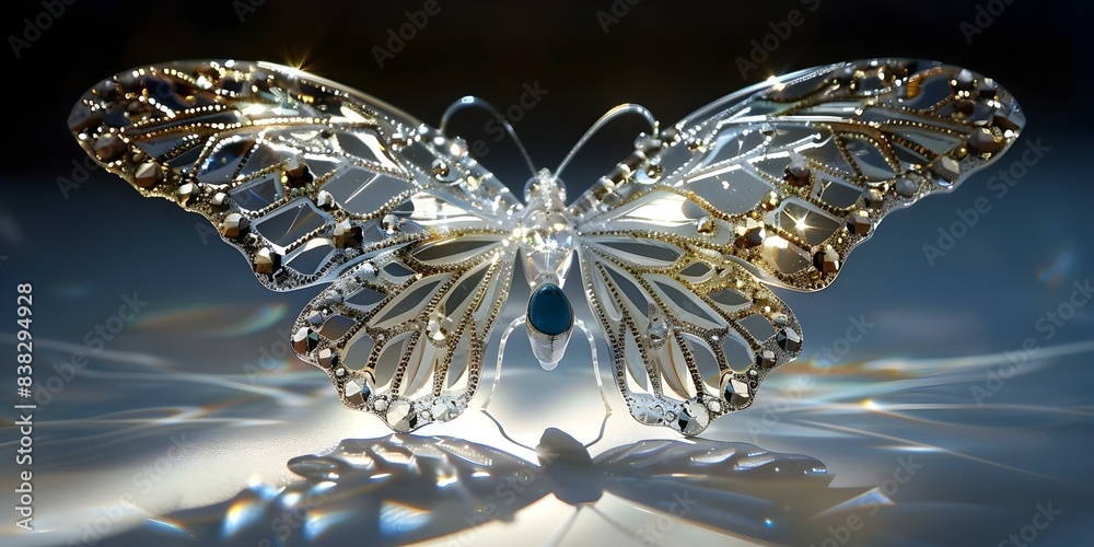 Fototapeta premium A dazzling crystal butterfly with intricate angles and blue stone casting shadows. Concept Crystals, Butterfly, Blue Stone, Shadows, Intricate angles