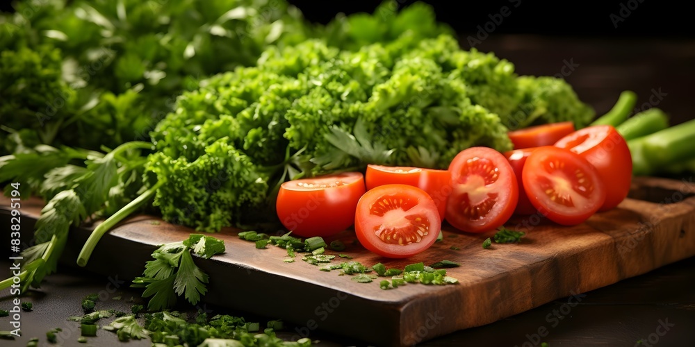 Freshly chopped parsley on wooden board with colorful ingredients for contrast. Concept Food Styling, Fresh Ingredients, Wooden Board, Colorful Contrast, Chopped Parsley Freshly chopped parsley on wooden board with colorful ingredients for contrast. Concept Food Styling, Fresh Ingredients, Wooden Board, Colorful Contrast, Chopped Parsley