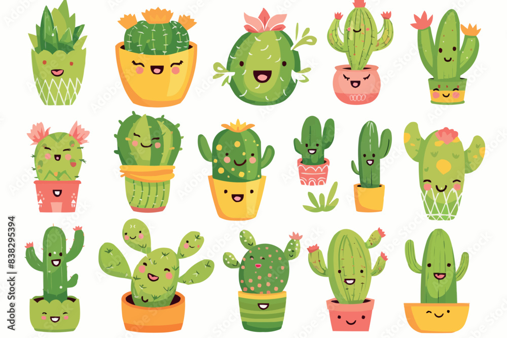 Obraz premium Vector illustration set of funny cactus characters in cartoon style isolated on white background