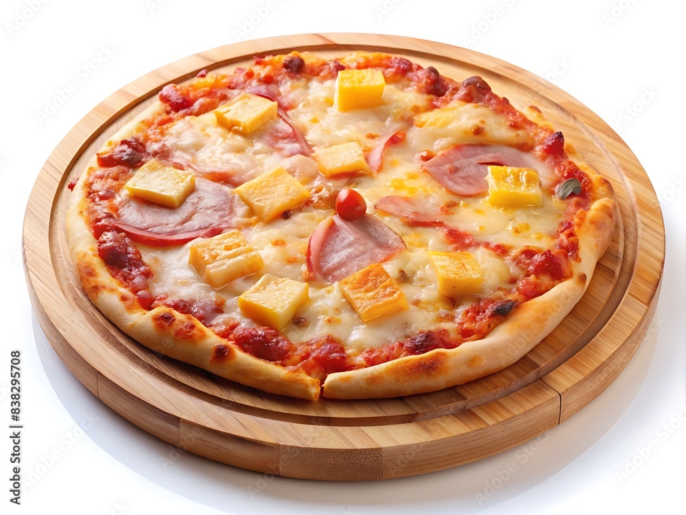 Hawaiian pizza in wooden plate isolated on white background.Homemade Hawaiian Pizza Hawaiian pizza in wooden plate isolated on white background.Homemade Hawaiian Pizza