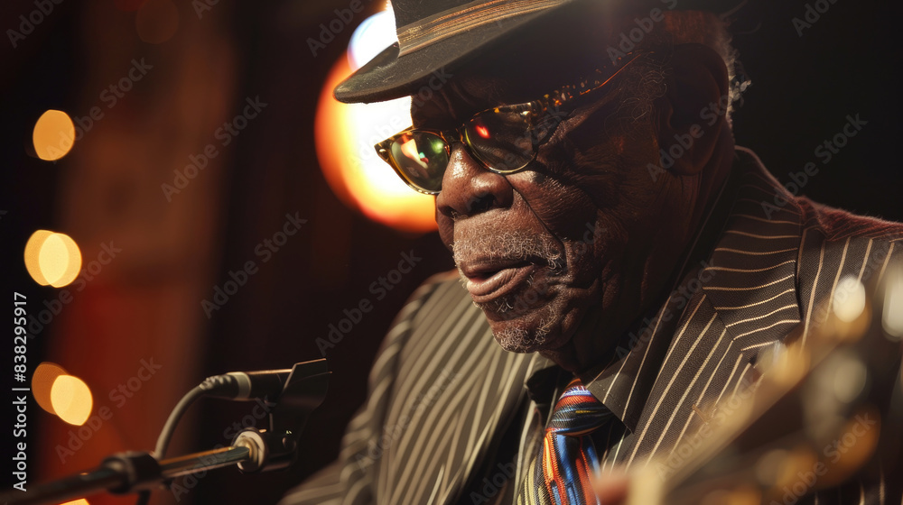 A close-up of a blues musician on stage, wearing glasses and a hat, with a microphone in front of him A close-up of a blues musician on stage, wearing glasses and a hat, with a microphone in front of him