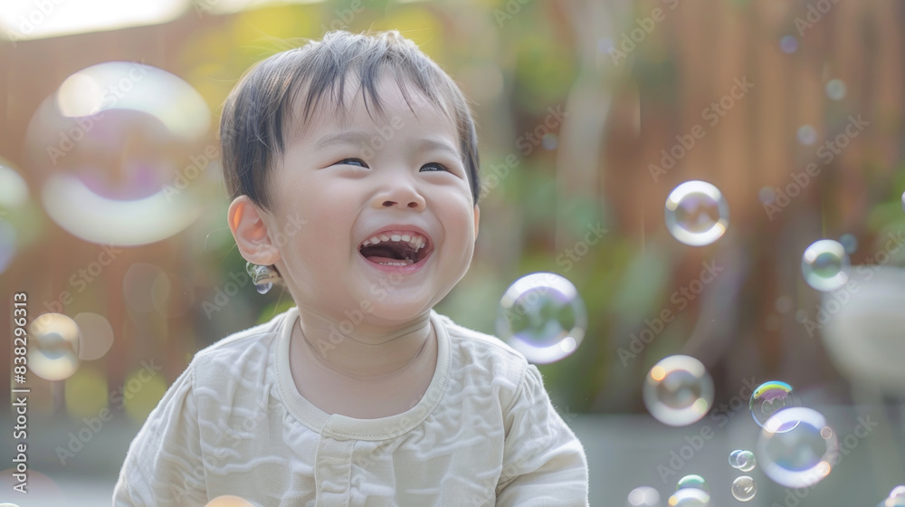 A young toddler smiles and laughs as they watch colorful bubbles float in the air A young toddler smiles and laughs as they watch colorful bubbles float in the air