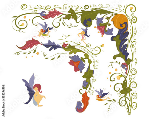 Floral frame with fairies for a book