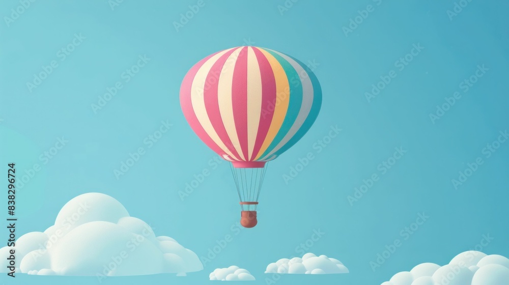 Obraz premium Scenic hot air balloon floating in sky with clouds in background for travel and adventure concept