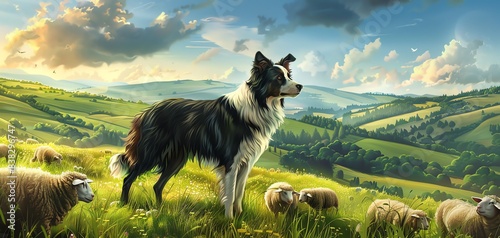 Border Collie herding sheep in a picturesque pasture, rolling hills, vibrant greenery, detailed fur and determined expression, lifelike and dynamic, photorealistic quality photo