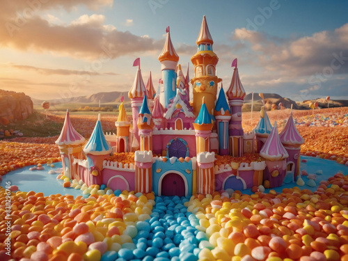 Magical candy kingdom with sugary castles, candy corn fields, and caramel waterfalls. photo