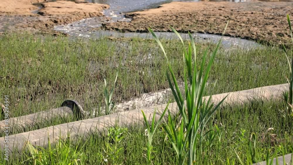 Water pours from the pipe on the grass. Water pours from the pipe on the grass.