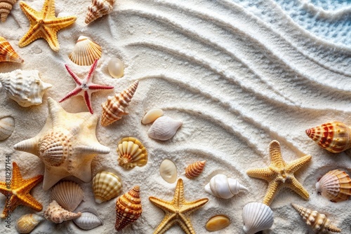 Colorful Seashells and Starfish on White Sandy Beach. Generative AI