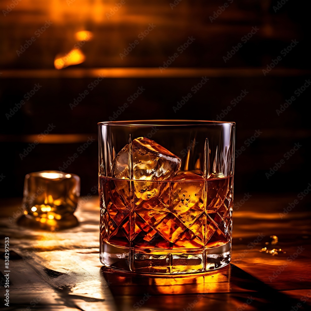 Glass of whiskey on rustic wooden table, warm ambiance Glass of whiskey on rustic wooden table, warm ambiance