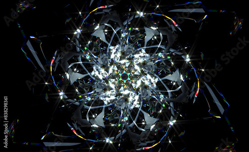 3d render of abstract art with transform rotating fractal diamond crystal alien star flower in curve lines forms in glass material with color dispersion effect on black background based on rectangles photo