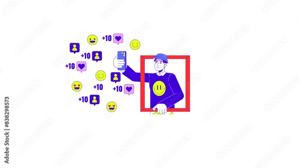 Korean guy making selfie for social media line 2D character animation. Fashion influencer flat color cartoon 4K video, alpha channel. Asian young male blogger animated person on white background Korean guy making selfie for social media line 2D character animation. Fashion influencer flat color cartoon 4K video, alpha channel. Asian young male blogger animated person on white background