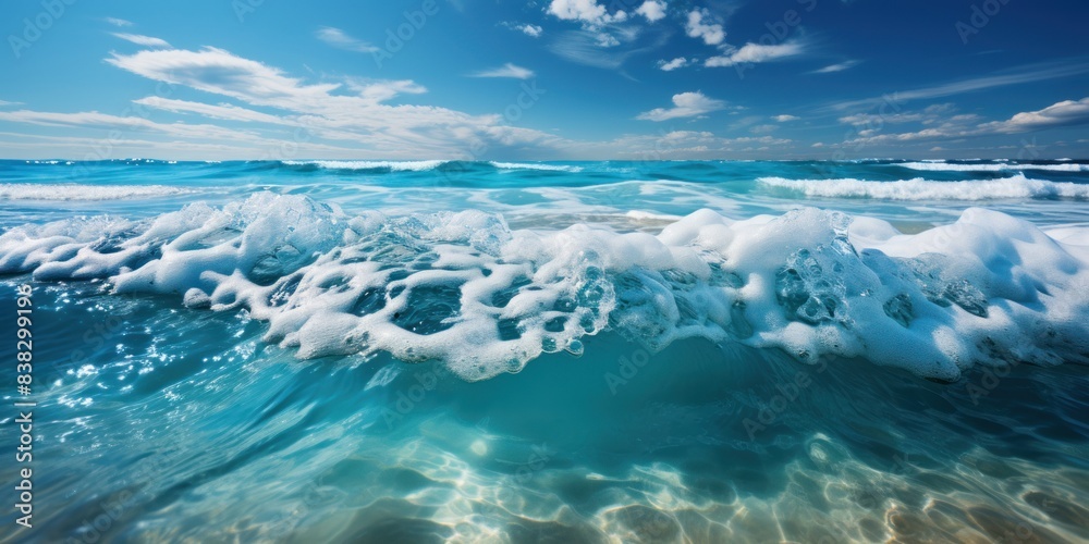 A wave crashing on a sandy beach under a sunny sky A wave crashing on a sandy beach under a sunny sky