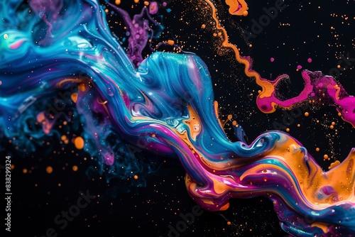 Spills of multicolored metallic dye mixing and spreading on black background, HD, realistic, copy space, Generative ai
