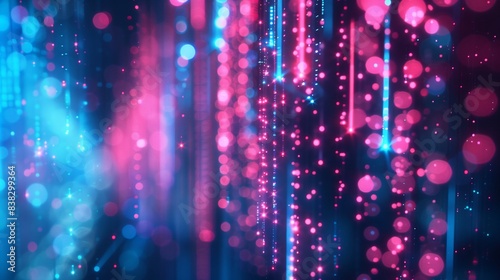 Abstract backdrop featuring pink and blue neon lines and bokeh effects. Concept of data transfer. Digital wallpaper.