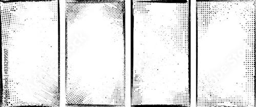 Vector illustration. Black and white grunge distressed banner set. Halftone faded dots. Ink brush strokes border. Design for social networks, flyer, voucher, coupon, photo frame