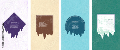 Vector illustration. Melted geometric shapes with drip effect. Grungy banners. Frames with distressed paint. Text box isolated on scratched paper. Design for social networks, flyer, voucher, coupon