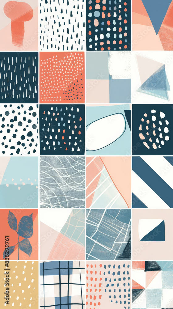 Abstract Geometric Pattern Collection with Modern Shapes and Textures in Blue, Coral, and White Tones - Perfect for Backgrounds, Textiles, and Graphic Design Projects Abstract Geometric Pattern Collection with Modern Shapes and Textures in Blue, Coral, and White Tones - Perfect for Backgrounds, Textiles, and Graphic Design Projects