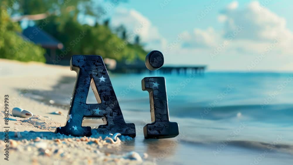 ai text on tropical beach with turquoise water and white sand, vacation, artificial intelligence and travel-themed science video background, tourism and tech business. ai text on tropical beach with turquoise water and white sand, vacation, artificial intelligence and travel-themed science video background, tourism and tech business.