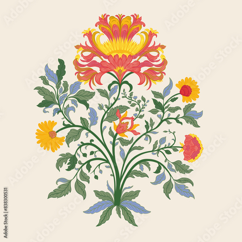 Mughal Art is a traditional bunch flower of floral ornaments. A multi-color motif on a light background, isolated element. Fantasy traditional bouquet.